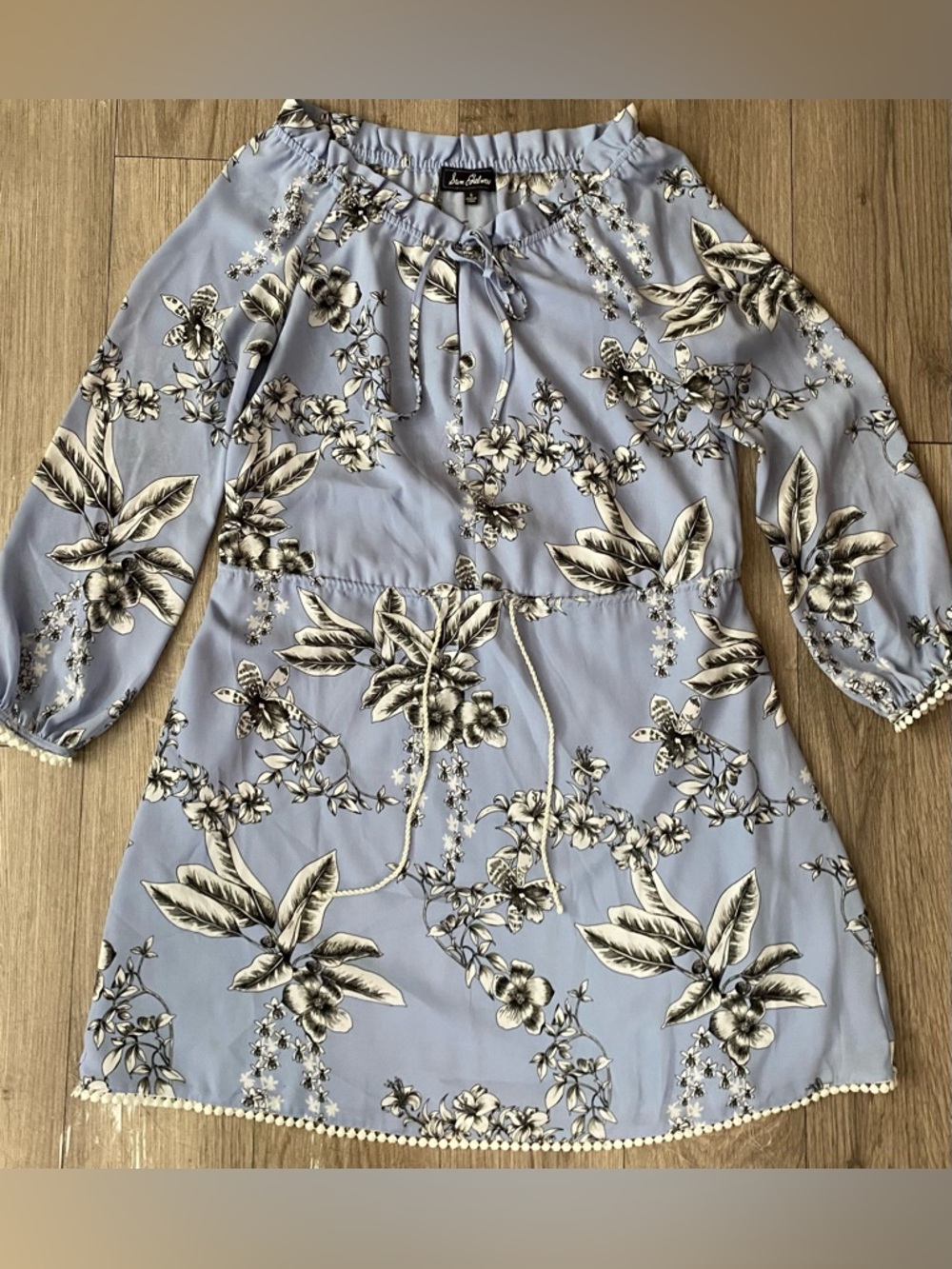 Sam Edelman Pale Blue Floral Tie-Waist Long Sleeve Dress